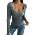 thumbnail image 2 of Womens Long Sleeve Shirts Square Neck Ribbed Knit Crop Tops Fall Outfits Fashion Clothes Grey L, 2 of 9