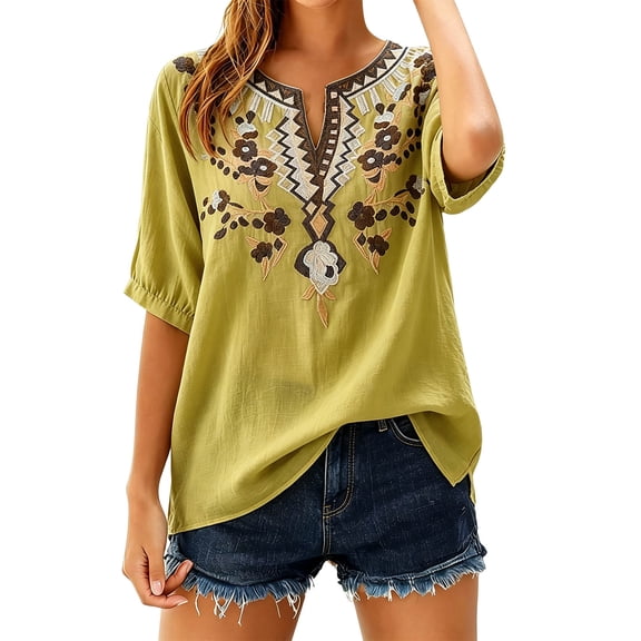 cocolona Womens Summer Trendy Linen Tops V Neck Embroidery short Sleeve Shirts Dressy Casual Blouses