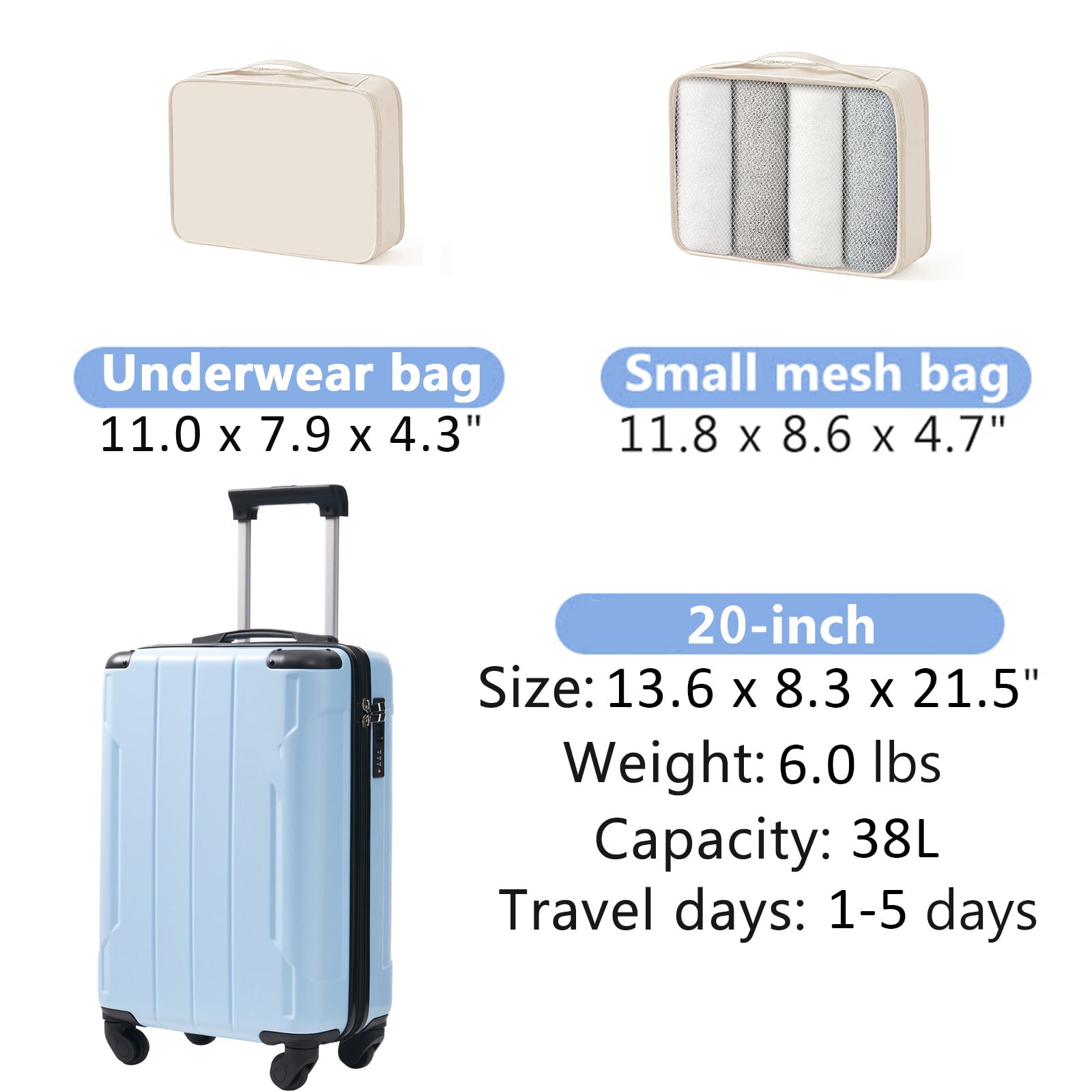 Euroco Carry-On Luggage Set 3 Piece,ABS Lightweight Durable Suitcase with Spinner Wheels, TSA Lock & 2 Packing Cubes,20 Inch Hardshell Airline Approved Luggage for Men Women Travel,Sky Blue