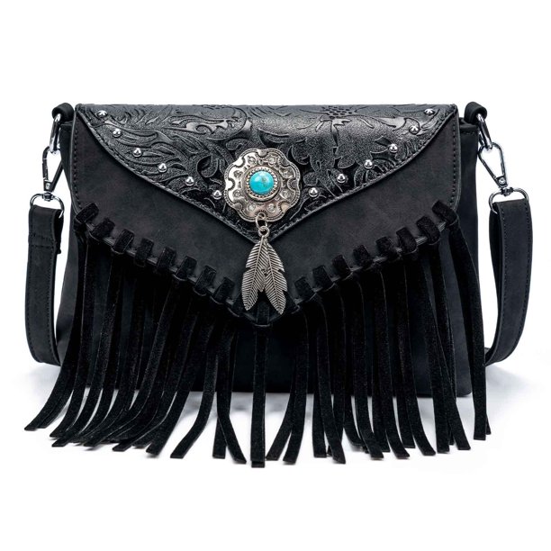 Bandolera LAVAWA pequeña con flecos y borla turquesa para mujer
