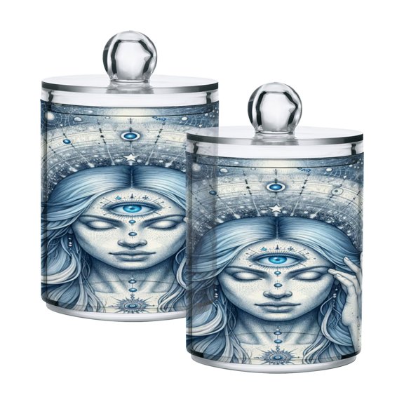 2 Pack Woman with Third Eye and Planet Qtip Holder Dispenser Clear Plastic Storage Apothecary Jars for Cotton Swabs Balls Pads Floss