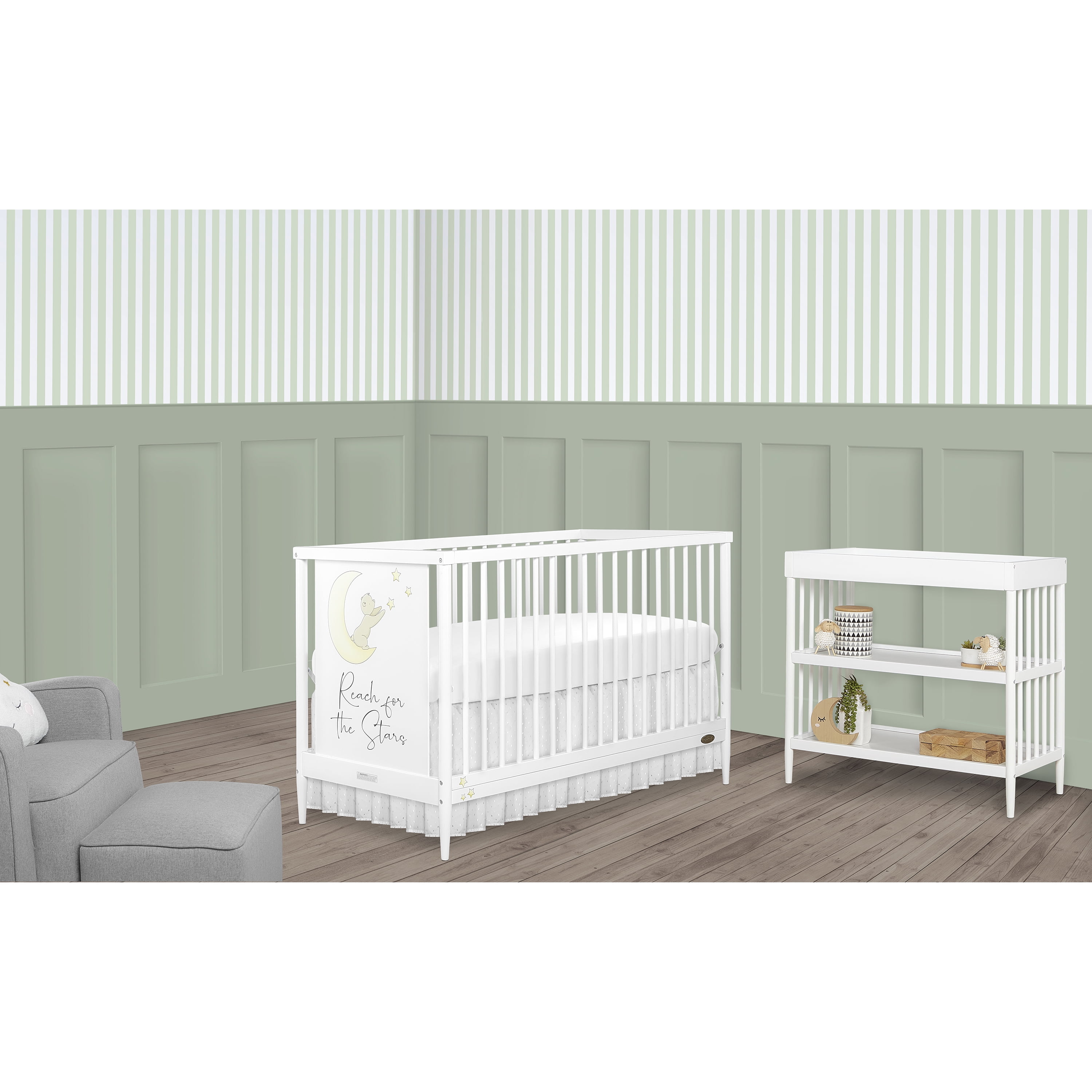 Dream On Me Moon Bear Reaching For The Stars 4 In 1 Modern Island crib With Rounded Spindles I Convertible Crib I Hand Printed Mural On One End Panel I Mid- Century Meets Modern in White Finish