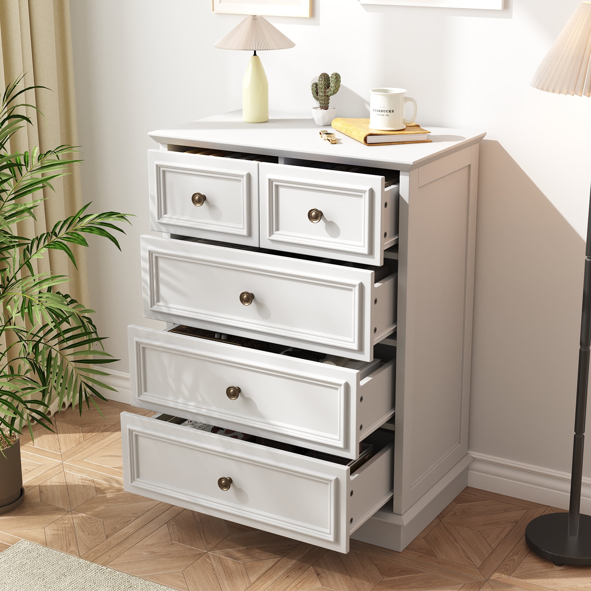 NEGYLIM White 5 Drawer Dresser for Bedroom, Rustic Chest of Drawers, Wood Storage Cabinet Organizer with Antique Bronze Round Handles for Living Room,Entryway, Small Spaces