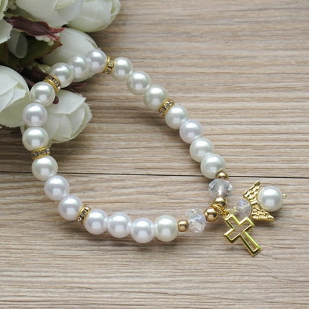 Baptism Favor 12PCS Glass White Pearl Angel Bracelet Wedding Baptizo First Communion Christening Baby JA392G-Wht