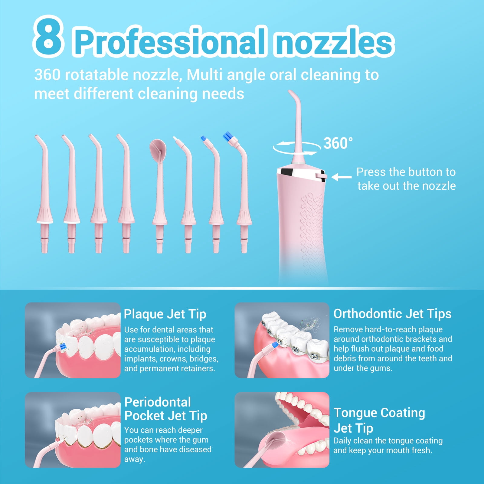 MySmile LP211 Portable Water Flosser Cordless for Teeth & 30pcs Mouthwash Combo, Power Water Dental Flosser Electric Picks, Rechargeable Oral Irrigator, Waterproof, 5 Modes, 8 Tips, Travel Bag, Pink