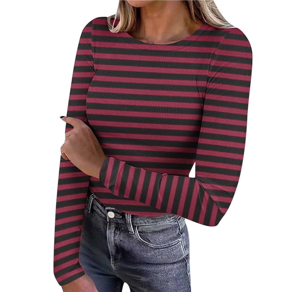 yillto Women Basic Striped Top Long Sleeve Slim Shirts Crew Neck Casual Tunic Blouse Ribbed Tight Tee