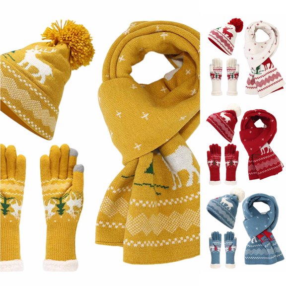 HNMKIU Three Piece Cold Proof Knitted Hat Scarf Set With European Autumn Winter Warm Accessory For Daily Casual Wear Yellow - One Size