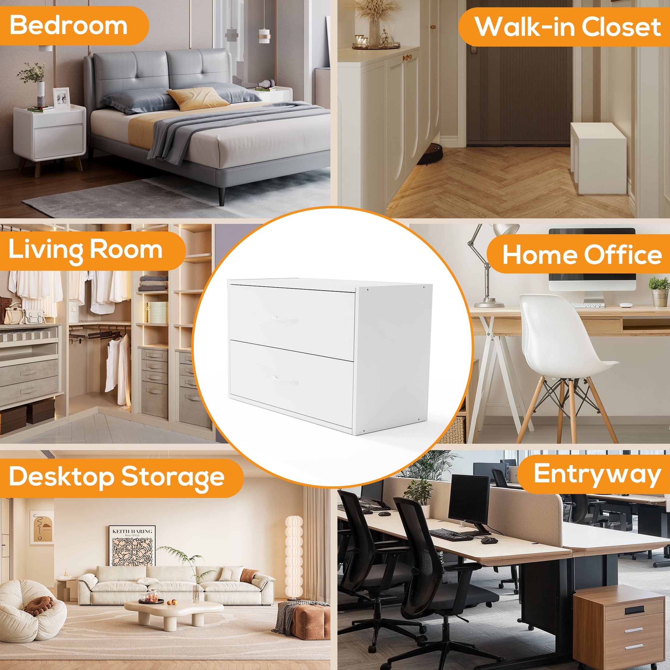 Prilinex 2-Drawer Dresser Set of 4, Stackable Wood Storage Chest with Anti-Tip, Modern Bedside Furniture & Nightstand for Bedroom, Closet Organizer, White Small Dressers