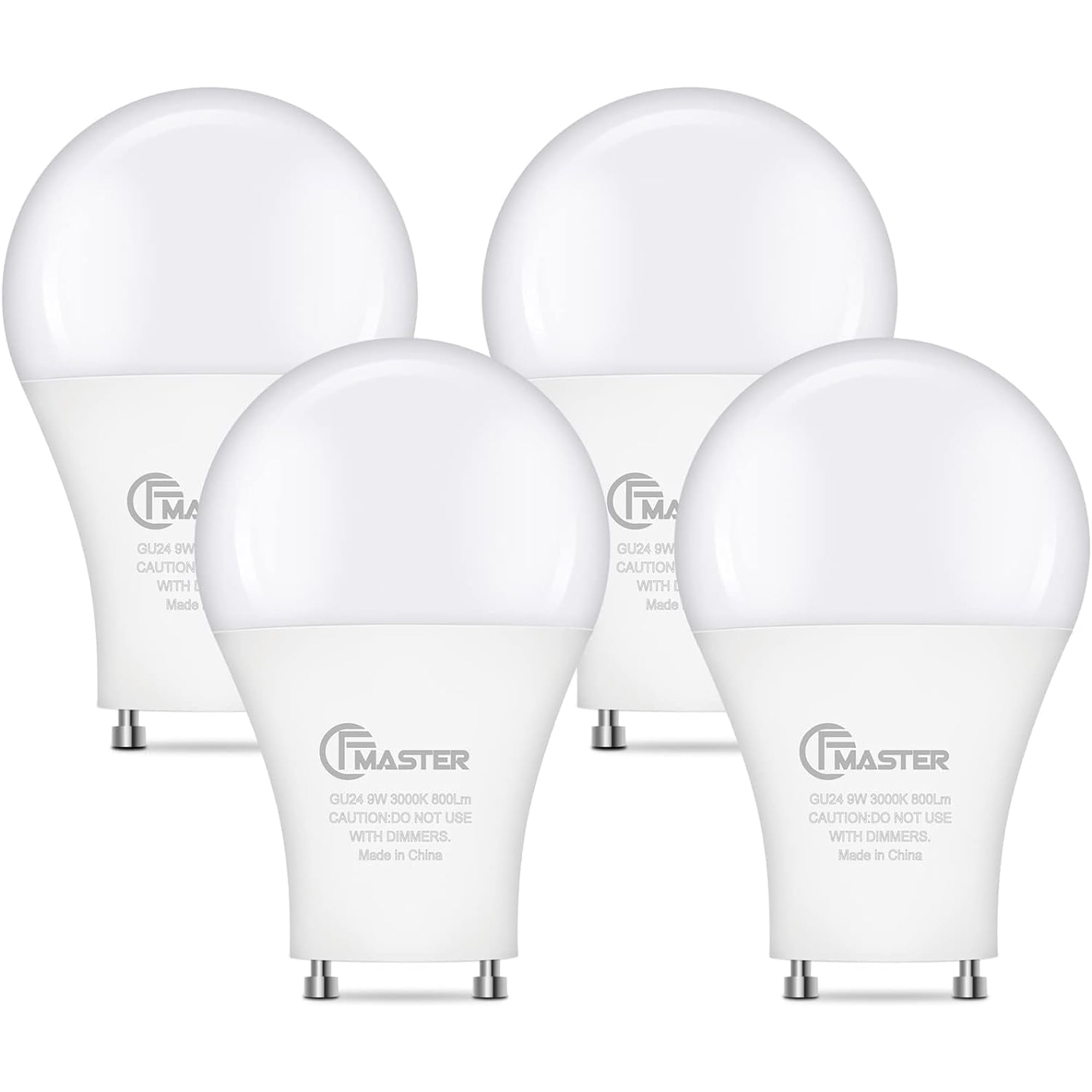 Plug'n A19 LED Light Bulb, 100W Equivalent, 9W 3000K Warm White, 800 Lumens, Non-Dimmable, GU24 Twist Lock Base, UL Etl Listed, 4-Pack