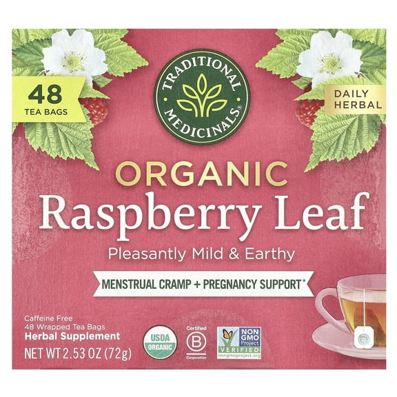 Traditional Medicinals Organic Raspberry Leaf, Caffeine Free, 48 Wrapped Tea Bags, 2.53 oz (72 g)