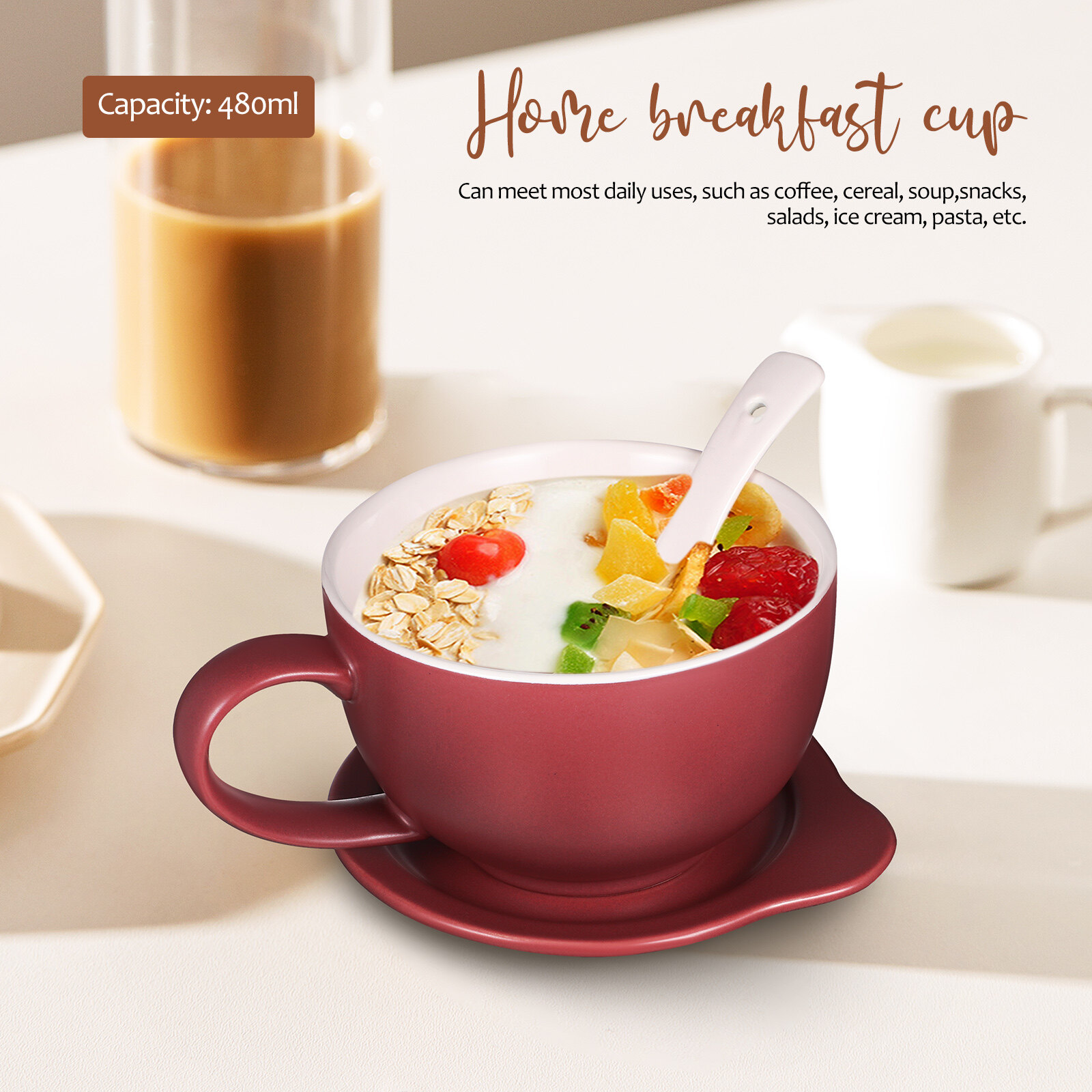 Ceramic Mug Set 480ml Large Capacity Coffee Mug Breakfast Cup with Lid and Spoon for Milk Cereal Oatmeal - image 4 of 8
