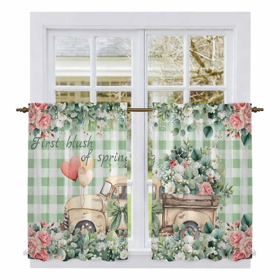 Eucalyptus Trucks Kitchen Curtain for Berdoom Living Room Cafe 54 Inch Length, Spring Farmhouse Floral Sage Green Plaid Tiers Curtains Light Filtering Drapes Window Treatment 2 Panels 52"Wx54"L