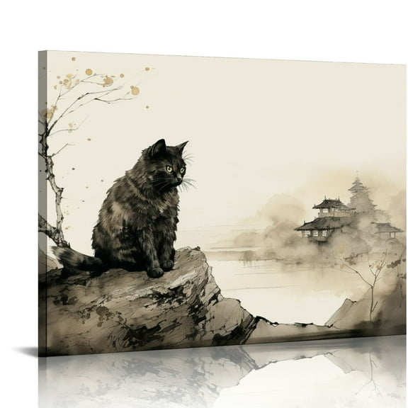 MLJA Black Fluffy Cat Watch Dragonfly On Japanese Ink Painting Hanging Canvas Print Wall Art Decor Poster Artwork Painting Prints Home Decor For Bedroom Living Room