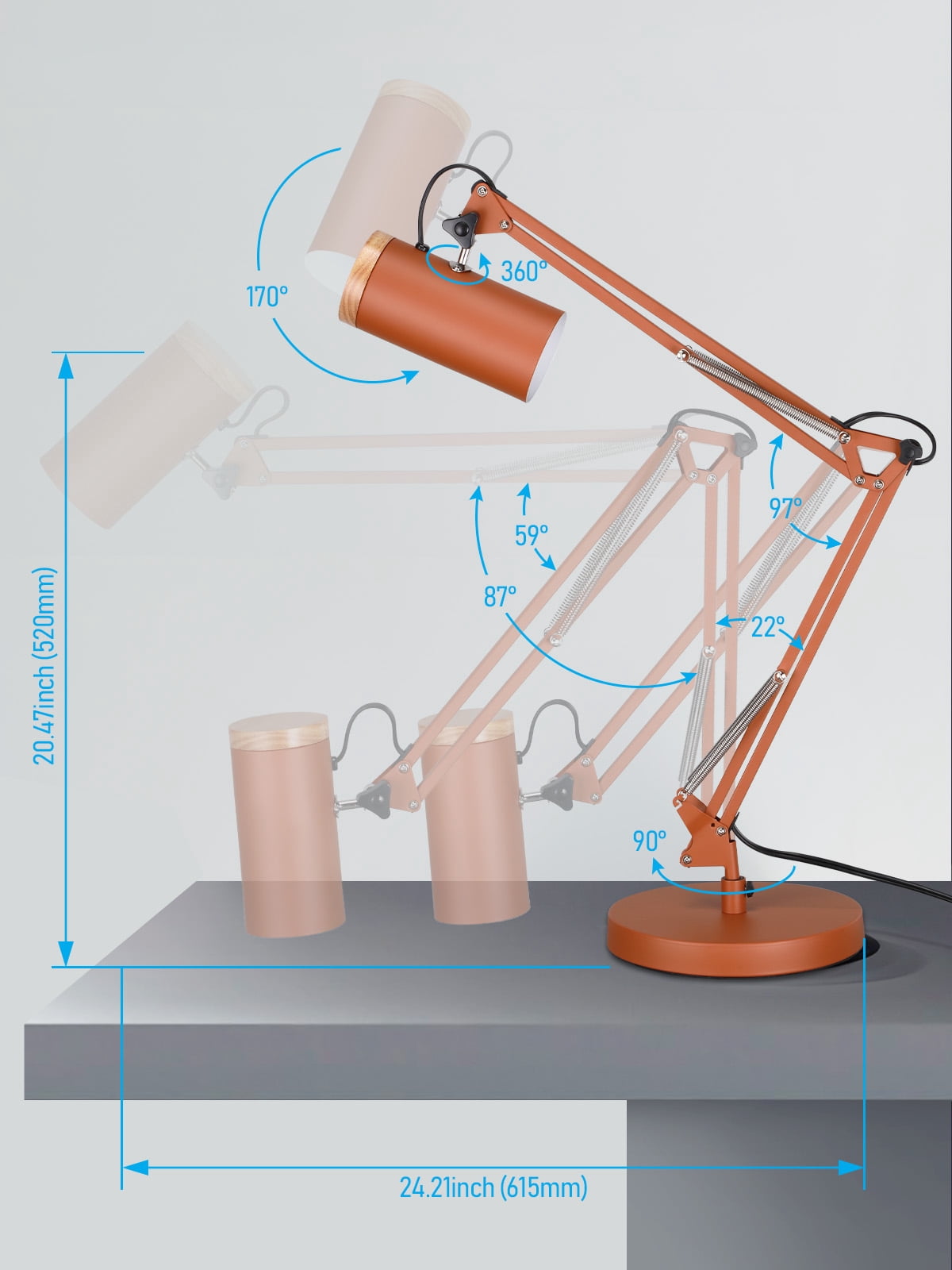 2 Pack Adjustable Metal Table Lamp, Large Size Max Height 29.7", E26 Base, Swing Arm Desk Light with Wooden Accent, Orange