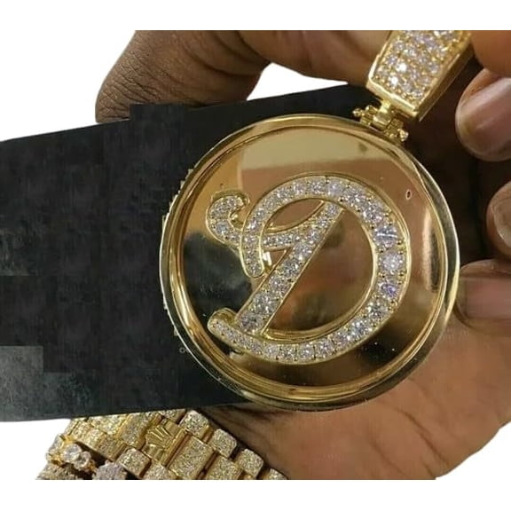 0 Ct Lab-Created Diamond Round Initial Letter D Pendant 14K Yellow Gold Plated Hip Hop Pendant | Moissanite Pendant| Birthday Gifts| No Chai