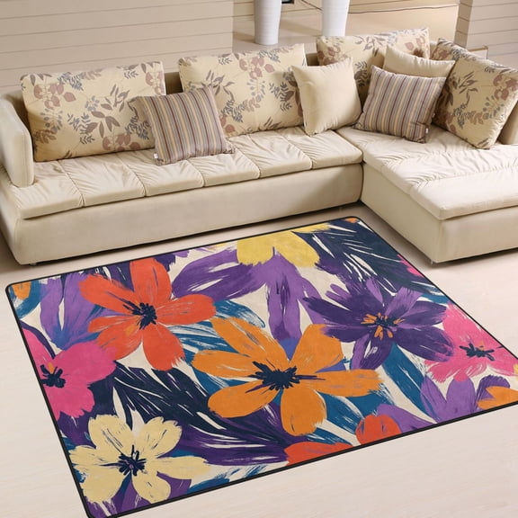 Yayeee Area Rugs for Living Room 5.2'x4' Indoor Non Slip Washable Bedroom Carpet, Colorful Painted Flowers Pattern
