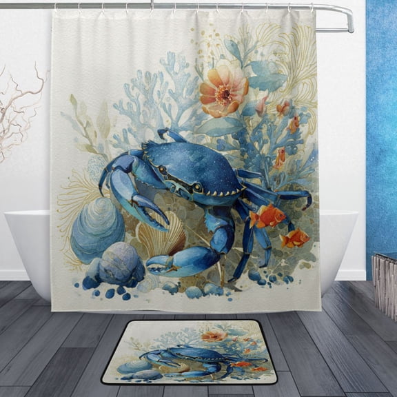 Bath Curtain & 60x72in Non-Slip Bath Mat Set 12-Grommet Shower Curtain Memory Foam Bath Rug Blue Crab and Shells