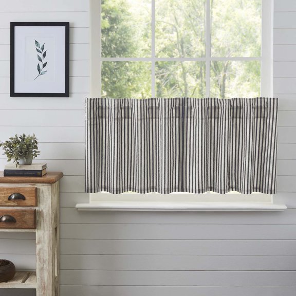 VHC Brands Ashmont Grey Ticking Stripe Country Farmhouse Tier Curtain Set 24"x36"