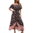 thumbnail image 2 of SAYOO Vestido bohemio de verano para mujer, con hombros descubiertos, manga corta, estampado floral, cintura elástica, dobladillo con volantes, falda, ropa de playa SAYOO Moda, 2 of 9