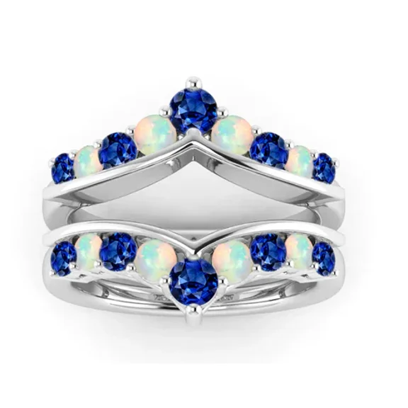 Round Opal & Blue Sapphire Ring Enhancer in 925 Sterling Silver – Double Curved Wedding Band Wrap, September Birthstone