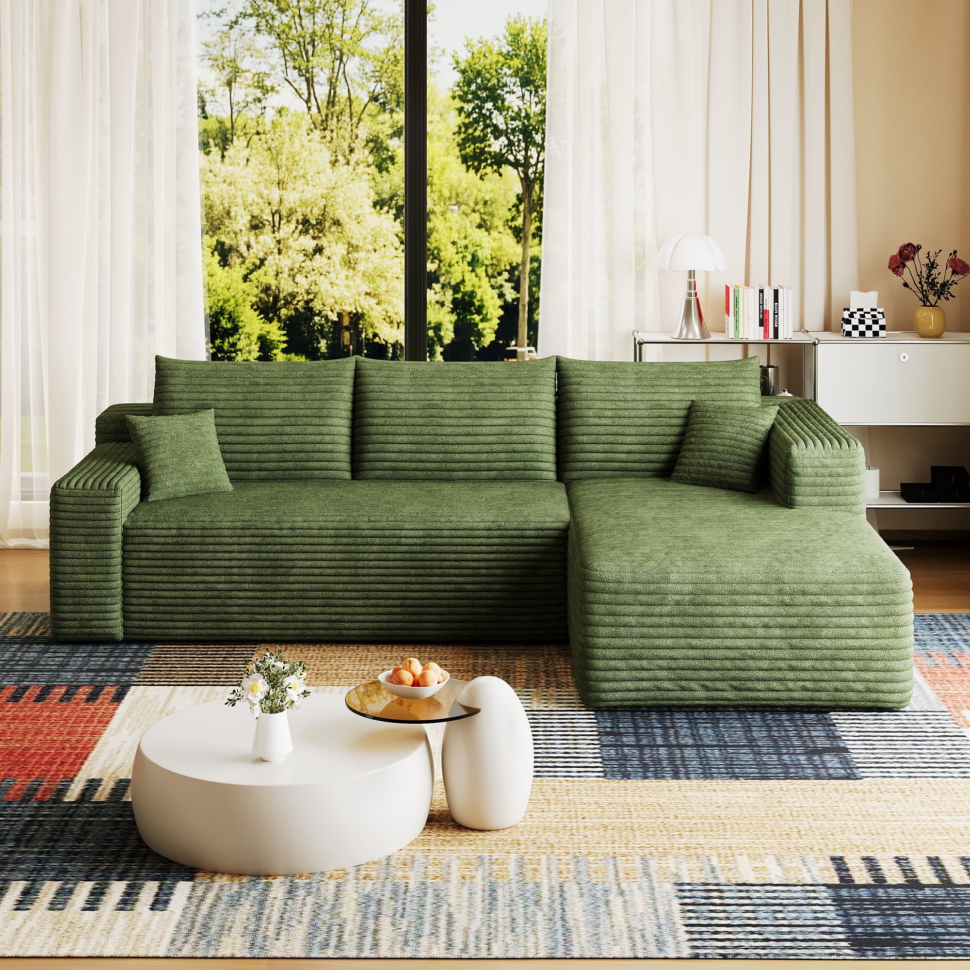95-Inch Cloud Sectional Sofa with Plush Corduroy Fabric, U-Shaped Modular Couch and Corner Sofa for Living Room with Deep Seat, No Assembly Required, Green