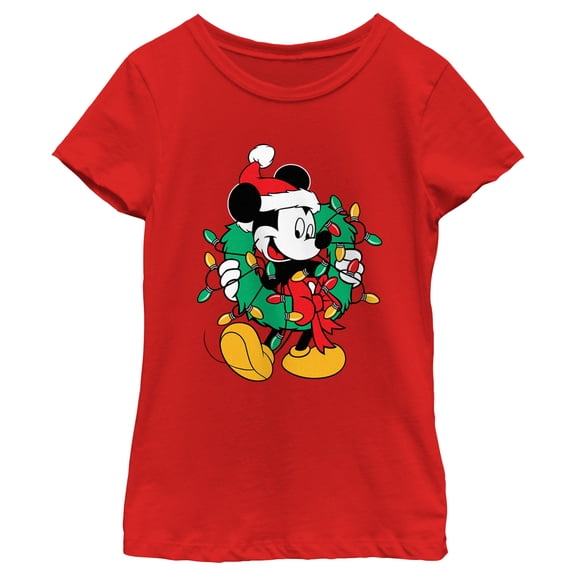 Girl's Mickey & Friends Christmas Wreath Mickey  Graphic Tee Red Large