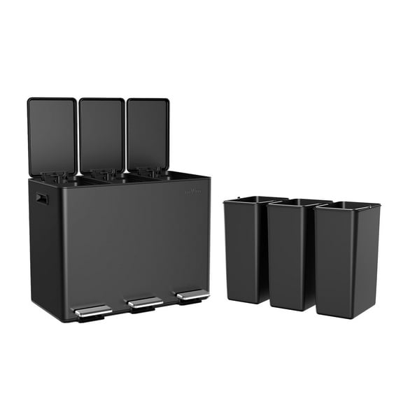 mVm 12 Gal/ 45L Stainless Steel 3 Compartment Trash Can, Triple Garbage Can（Black）