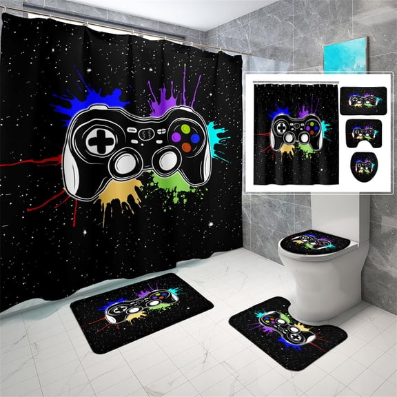 Brythos 4 Pcs Gaming Shower Curtain Set for Bathroom, Gamepad Pattern Bathroom Set for Boys, Kids Game Controller Design with 12 Hooks, Shower Curtain and Rugs, 70x70 inches