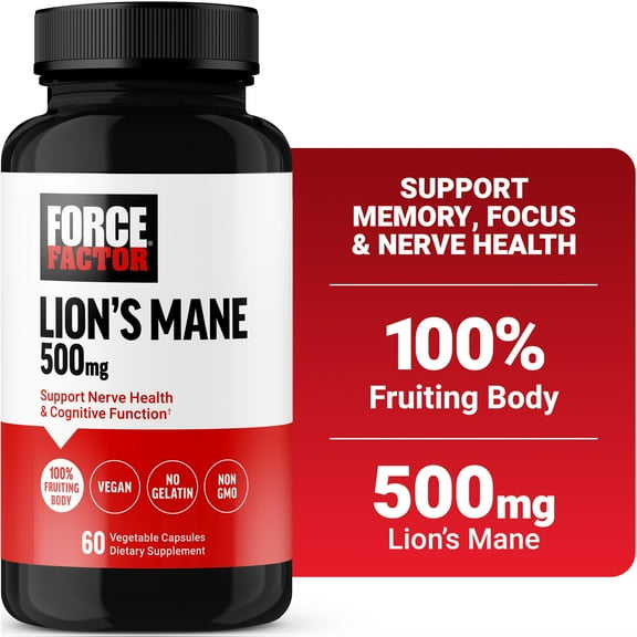 Force Factor Lion’s Mane Mushroom Capsules 500mg for Memory, Focus, Nerves & Cognitive Function, Vegan, No Gelatin, Non-GMO, 60 Capsules