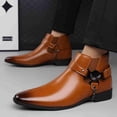 thumbnail image 4 of Men's Eagle Metal Buckle Chelsea Boots, Pointed Toe PU Leather Side-Zip Ankle Boots, Punk Rock Style Chain-Decorated Boots for Daily, Party, Performance Wear, 4 of 6