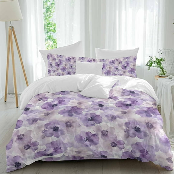 Spring Watercolor 4 Piece Duvet Cover Set California King Size Purple Flowers Floral Soft Bedding Set Comforter Cover, 1 Duvet Cover 1 Flat Sheets and 2 Pillowcases