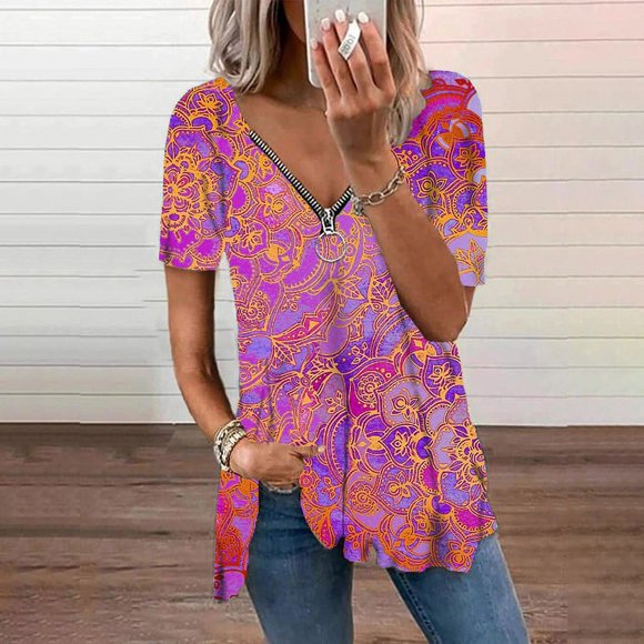 Clearance! Women's V-neck Lace Satin Mid-sleeve Fashion Shirt Top Short Sleeve V-neck Top/blouse Daily Deals of The Day On Sale !80