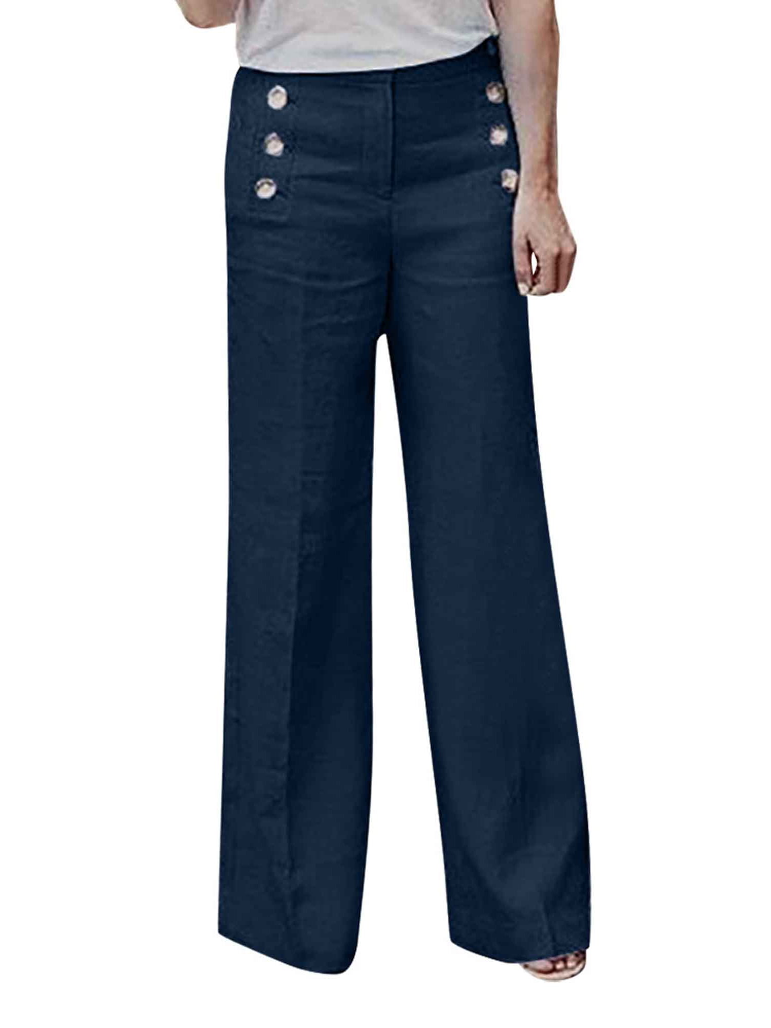 Julycc Womens High Rise Buttons Chino Trousers Wide Leg Casual Pants