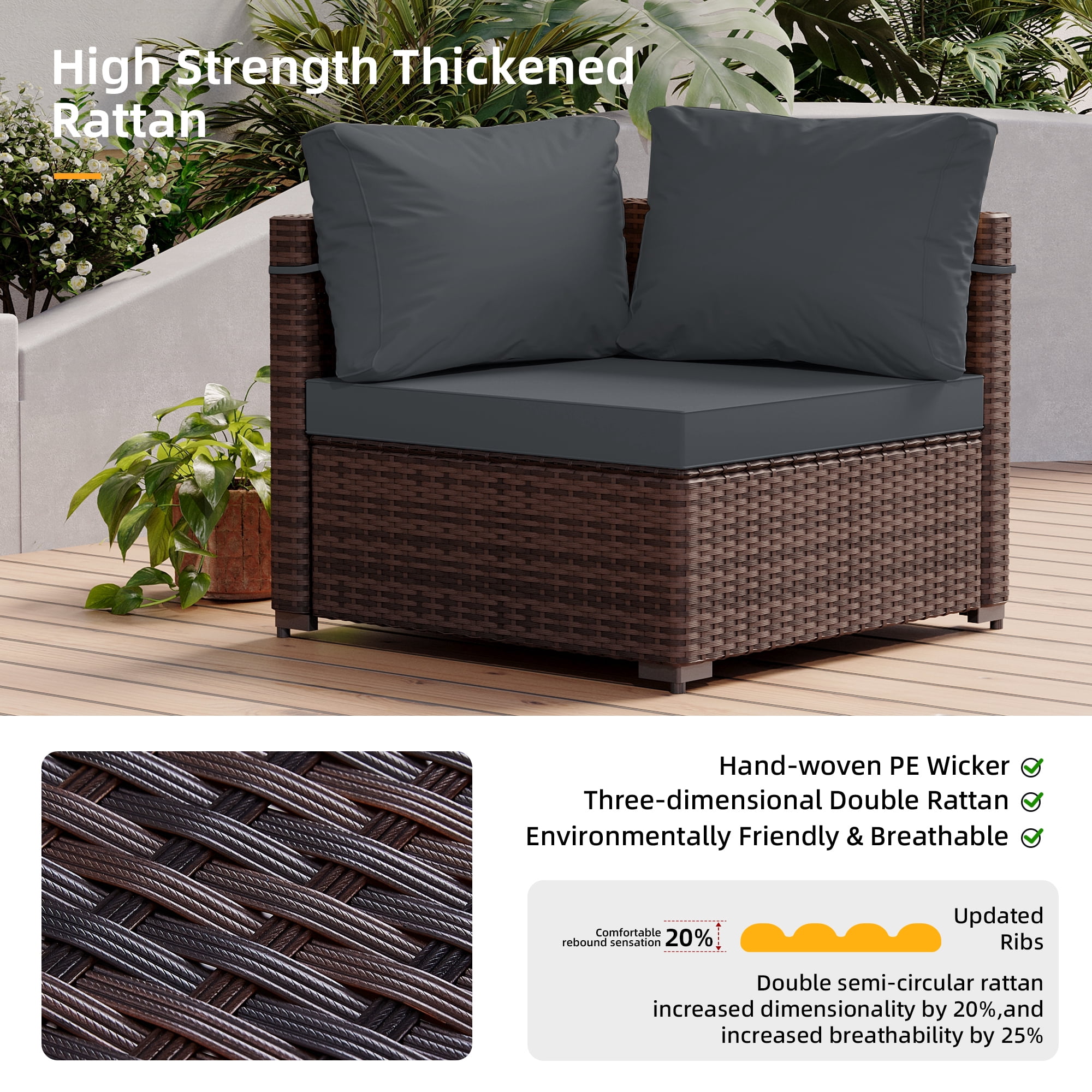 UPHA 5 Pieces Outdoor furniture Sets Patio Sectional Couch Wicker Conversation Sofa for Pools Outside, Gardens, Decks, Brown Rattan, Dark Gray Cushion