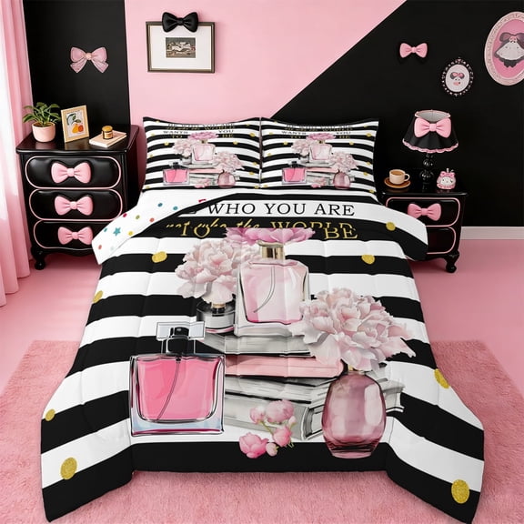 Manfei Women'S Perfume Bedding Comforter Set,Pink Flower Floral Twin Comforter Sets,White Black Lines Bedding Set For Girls,Luxury Bedroom Decor Reversible,2-Piece