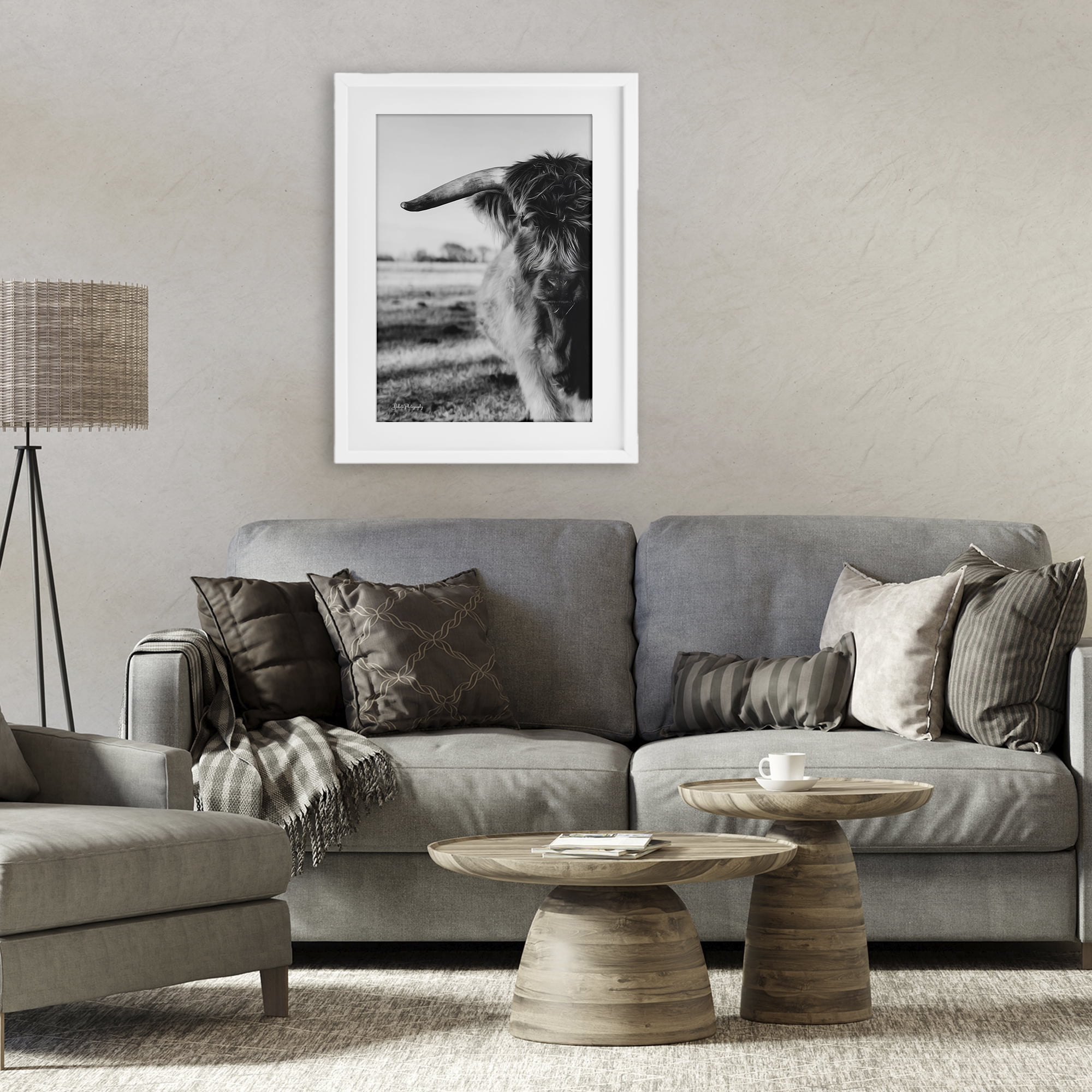 Stupell Industries Baby Cattle in Monochrome White Framed Print Under Glass, design by Dakota Diener