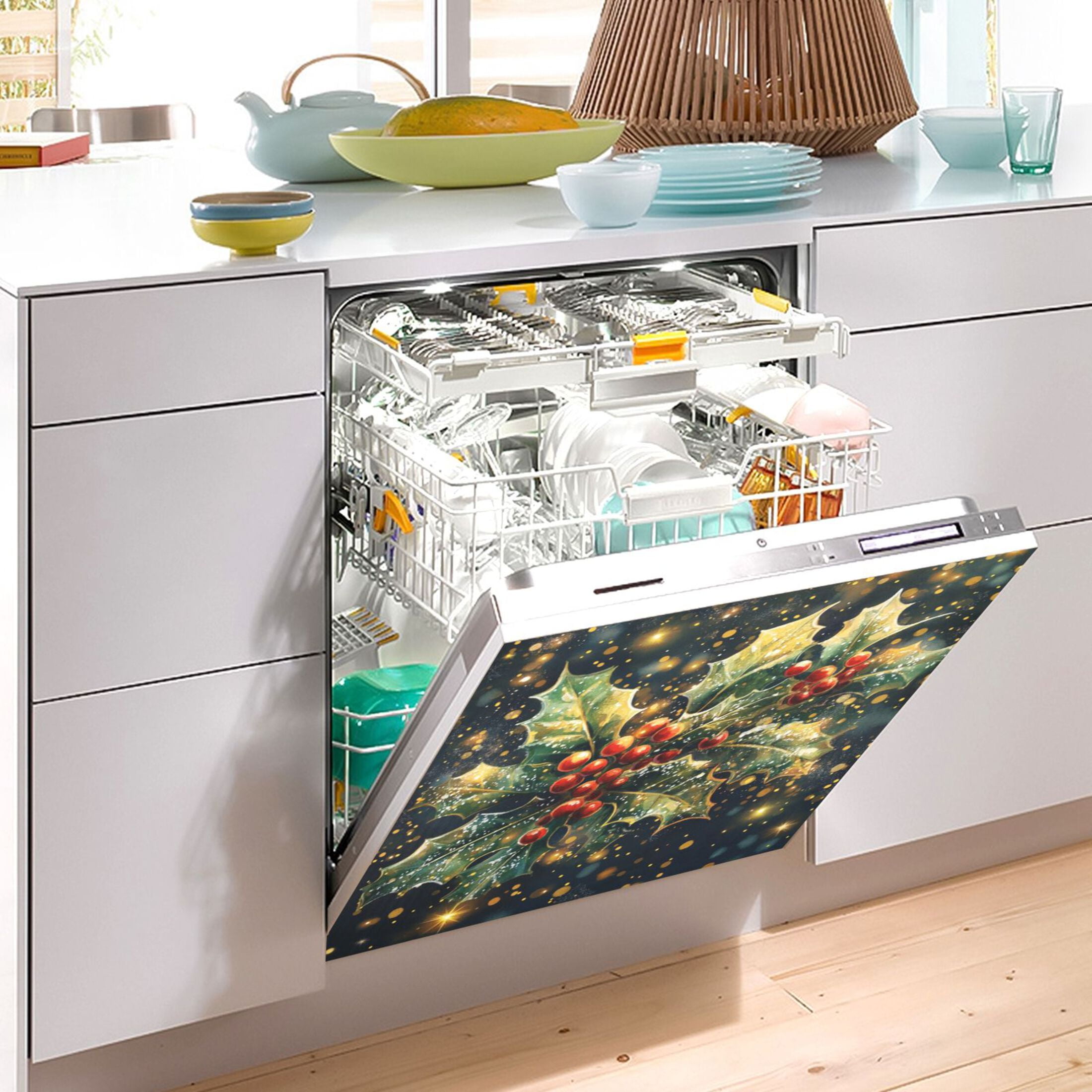 Dishwasher Magnetic Sticker 23x26 Inch Refrigerator Magnetic Sticker Washing Machine Magnetic Sticker Kitchen Panel Magnetic Sticker Home Decor Holly and Mistletoe Patterns