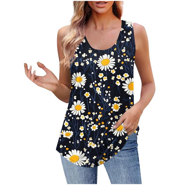 UPPADA Camisoles Mignonnes pour Femmes Tendance Col Rond à Fleurs Hauts d'Été Sans Manches Blouses Chic Décontracté Débardeurs Graphiques Noir, TG