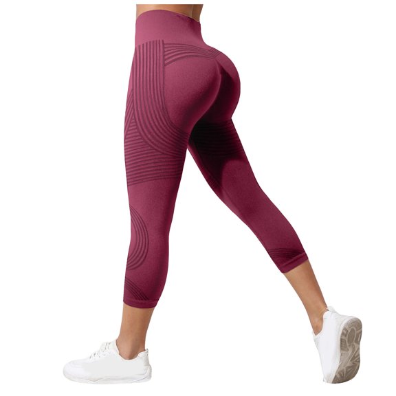 felwors Capri Compression Leggings for Women High Waist 3D Textured Push Up Yoga Pants Wine for Size XXL