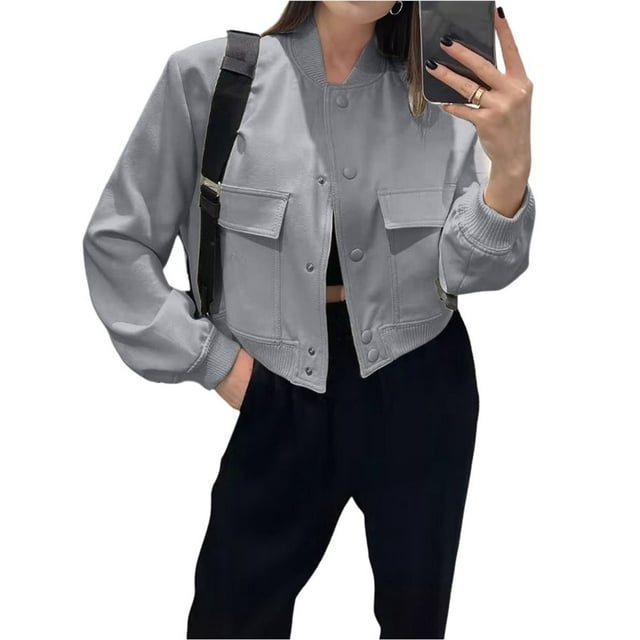 Chaqueta Universitaria Corta para Mujer, Larga, Abotonada, Informal, con Bolsillos. Gris M