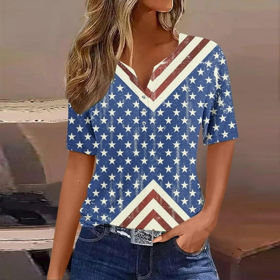 Lilgiuy Womens 4th of July Tops V Neck Buttons Trendy Shirts Short Sleeve Dressy Blouses 2024 American Flag Star Print Shirts Clothes(Navy,L)