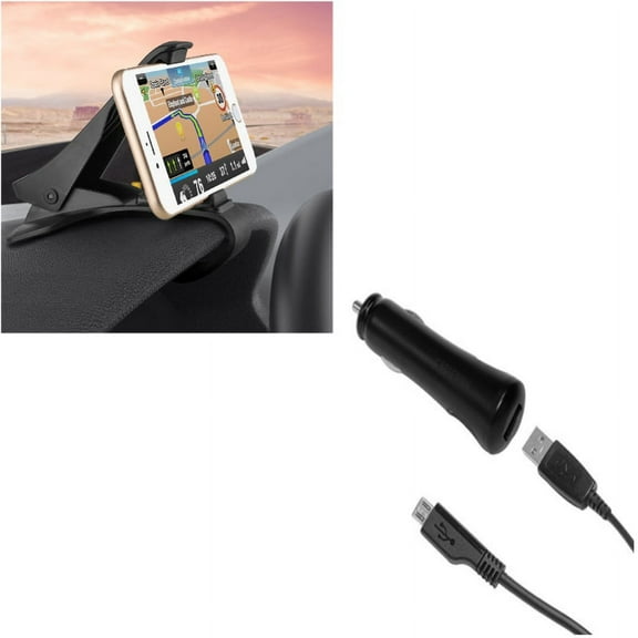 Cable USB Charger w Non-Slip Dash Car Mount for BLU Life One X3, Tank Extreme Pro (T0010UU), Grand M - CAT S41 - Coolpad Canvas, Illumina, Defiant, REVVL Plus - Doro Doro 824 SmartEasy