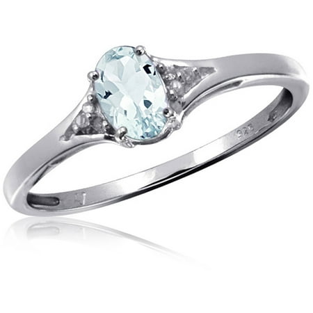 0.44 Carat T.G.W. Aquamarine Gemstone and Accent White Diamond Women's Sterling Silver Ring