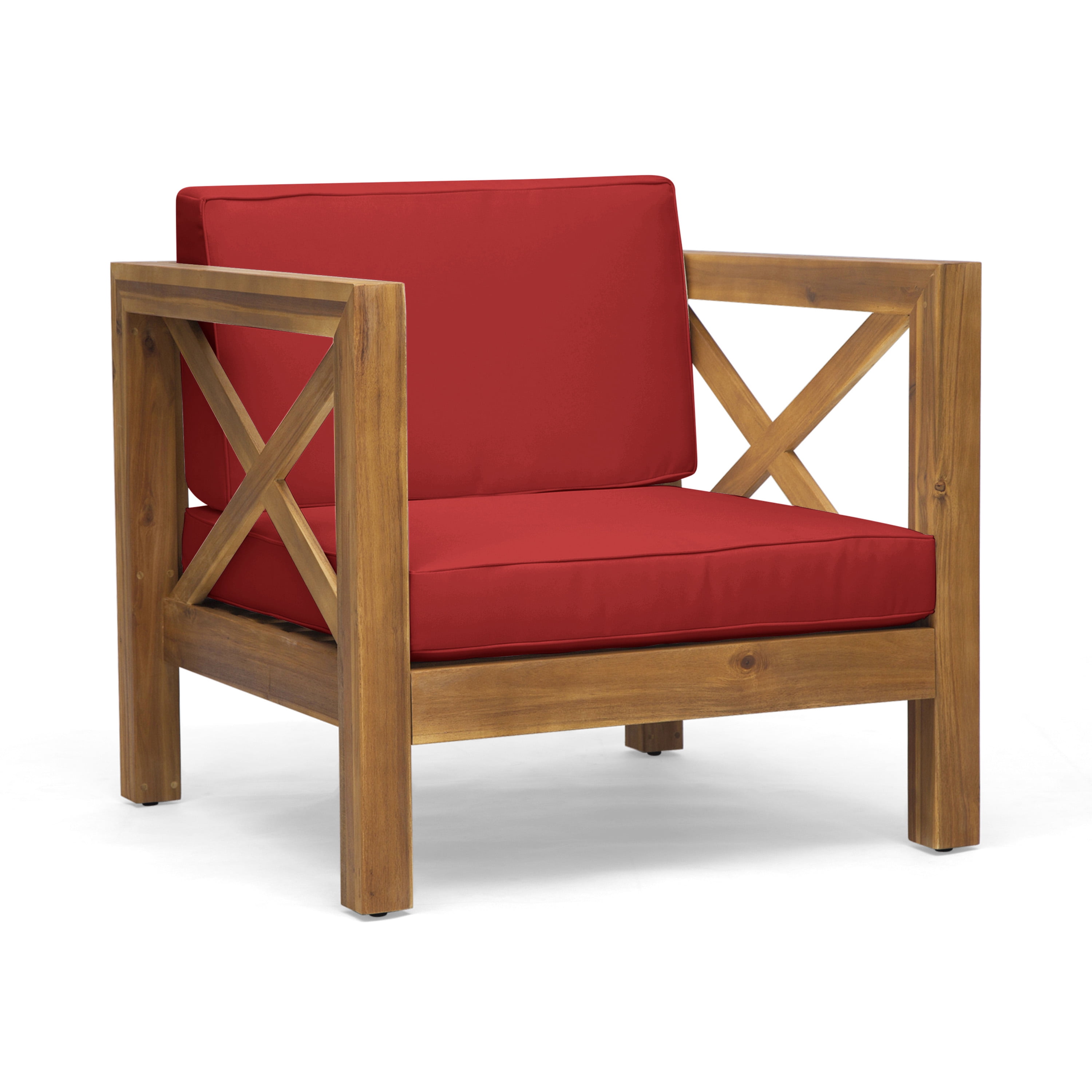 Outdoor Single Leisure Seat Chair, Acacia Wood Frame Relaxing Seat for Patio Garden, Red