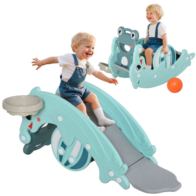 Green 3-in-1 Activity Center: Rocking Horse, Slide & Basketball - Indoor/Outdoor Fun for Early Learners - Durable HDPE Design - 28.3" x 13.5" x 18.5"