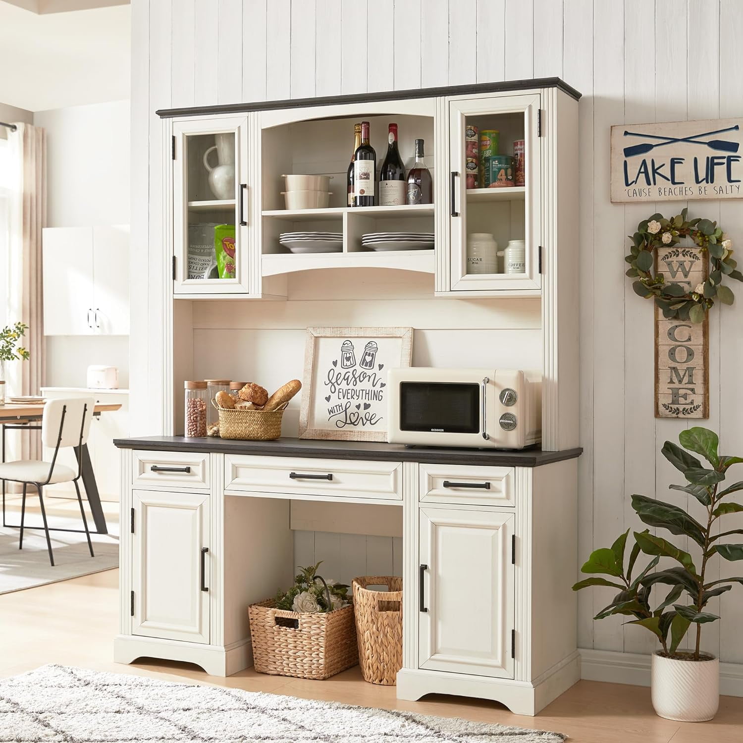 T4TREAM Executive Desk with Hutch, Farmhouse Office Desk with Charging Station & Wood Bookshelf Drawers and Storage Cabinet, White