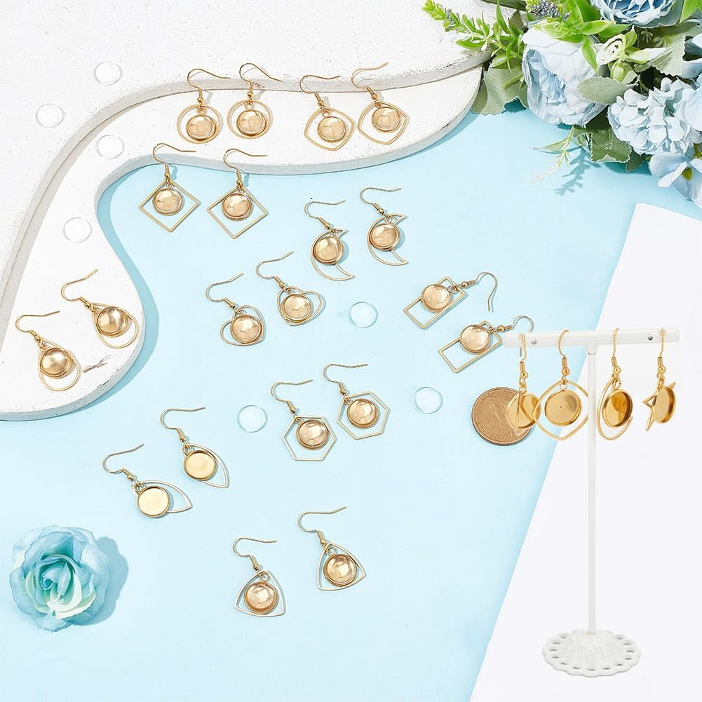 56 Pcs Stainless Steel Blank Cabochon Earrings Include 28 Pcs Glass Cabochons Star Round Moons Teardrop Shape Earring Kit Heart Bezel Trays Dangle Earring for DIY Jewelry Making Golden Gold DIY
