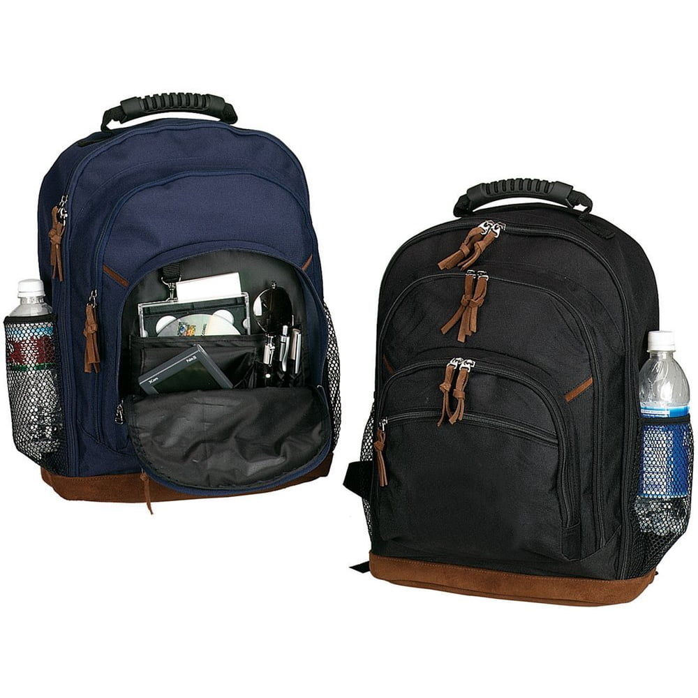 Backpack W/leather Bottom Navy, 2 front zippered compartments with