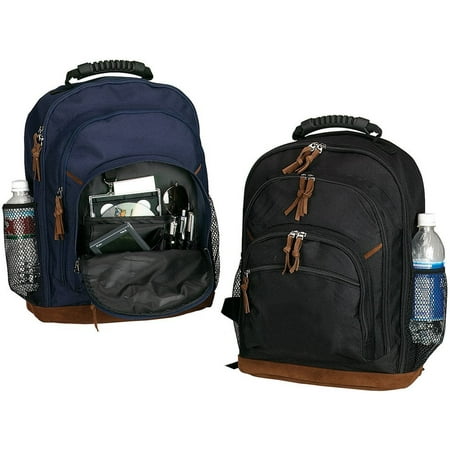 Backpack W/leather Bottom- Navy, 2 front zippered compartments with organizer pockets, pen loop and key ring