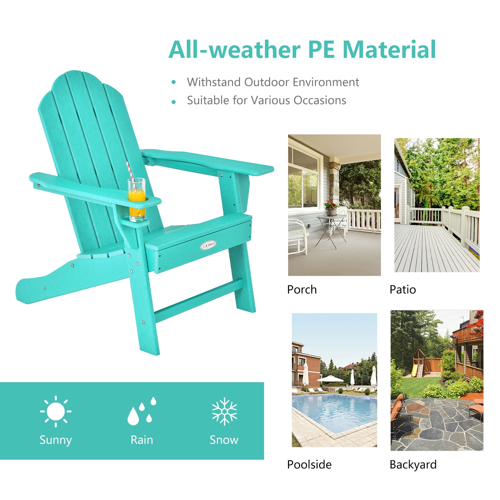 Patiojoy Adirondack Chair Outdoor with Cup Holde Weather Resistant Lounger Chair for Backyard Garden Patio and Deck Turquoise